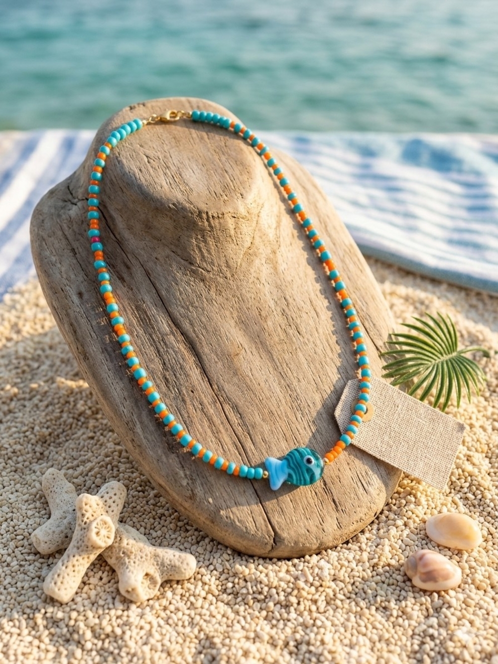 Turquoise and Orange Beaded Fish Necklace
